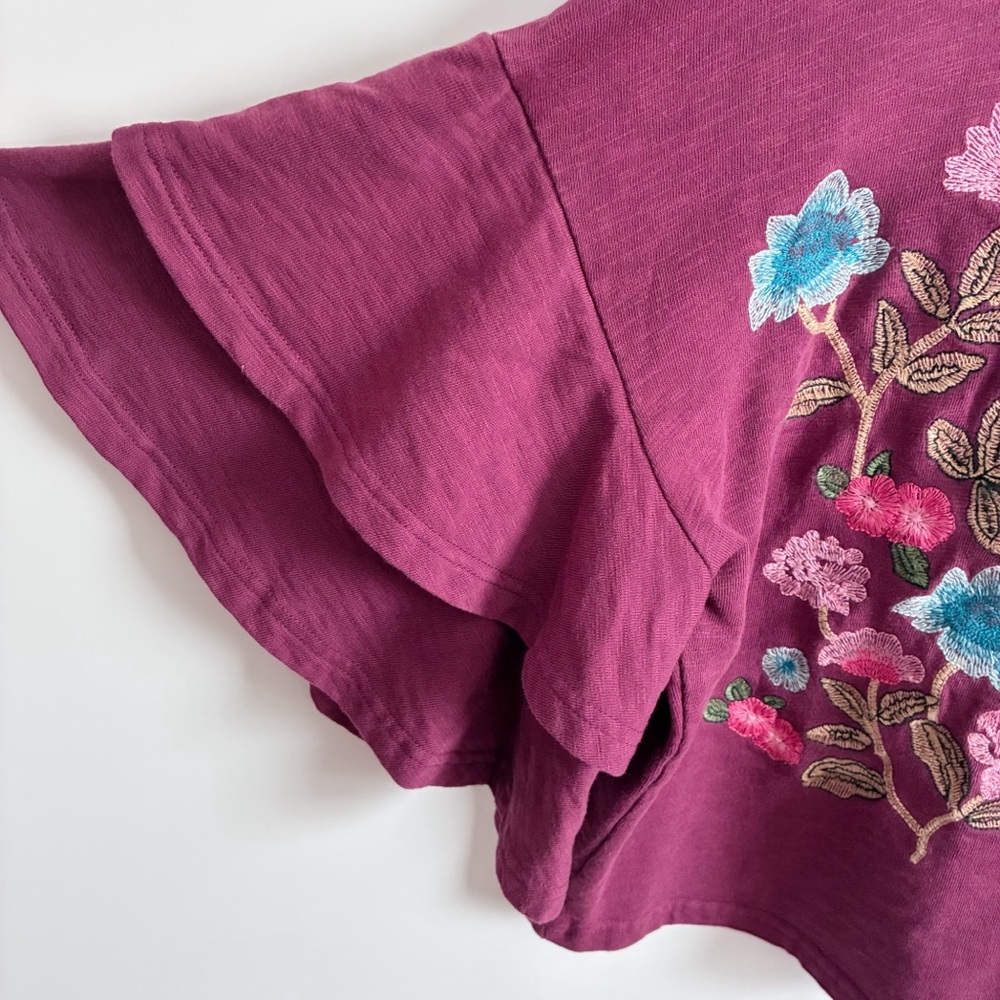 Altar'd State sweatshirt burgundy purple floral embroidered ruffled sleeves - Picture 3 of 9
